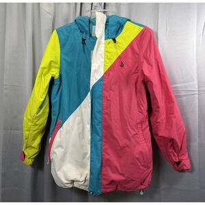 Volcom Jacket Womens Medium Colorblock Pink Blue Yellow Hooded Snowboard Coat